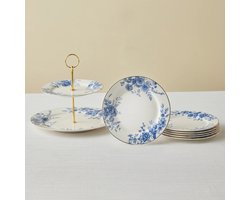 Karaca Delft - New Bone Serveerset – 8-delig – 6 Personen – Etagère & Dessertborden – Blauw