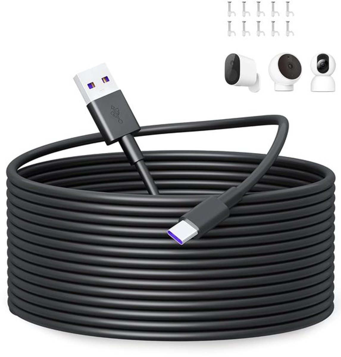 SnelShoppen - USB C Kabel 10m, Type C Oplaadkabel voor Beveiligingscamera's, Flexibel en Duurzaam, Inclusief 10 Nagelclips voor Eenvoudige Installatie