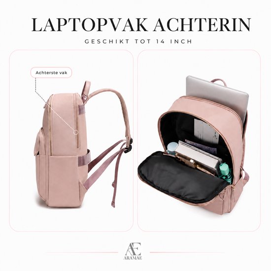 Roze rugzak met achtervak geschikt tot 14 inch laptop, met aparte zijvakken.