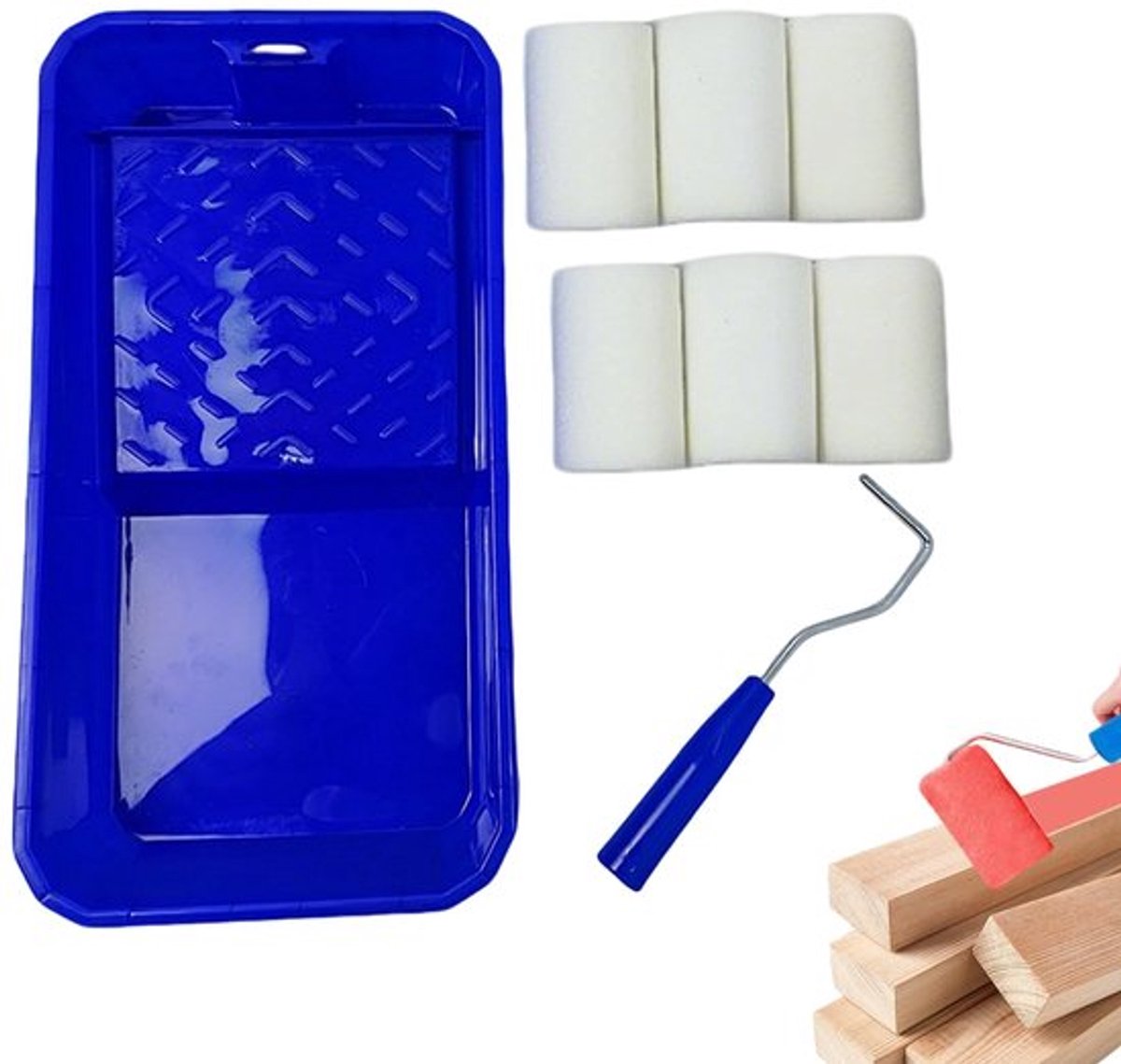 Schuimverfroller met 6 Vervangbare Sponskoppen - Verfbak - Verfroller Set - Geschikt voor Muren/Meubels - Hoog Absorptievermogen - Comfortabel Handvat
