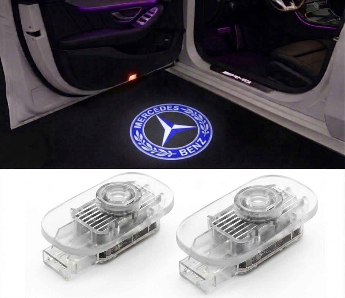 Instapverlichting Geschikt voor Mercedes EQE, EQS, CLE, SL - Plug & Play Logo Projector (Blauw Heritage Logo) - Deurverlichting - Set van 2