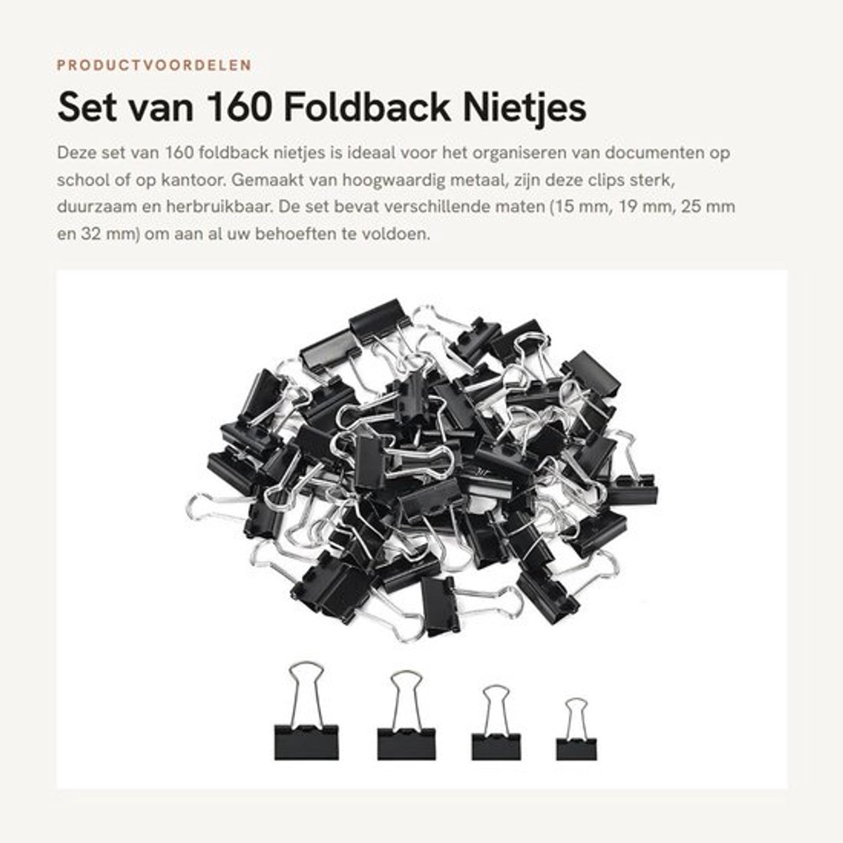 Bindclips 160 Stuks - Foldback Clips 15/19/25/32 mm - Zwarte Paperclips - Documentenclips - Papierklemmen - Hoogwaardig Metaal - Papierclips
