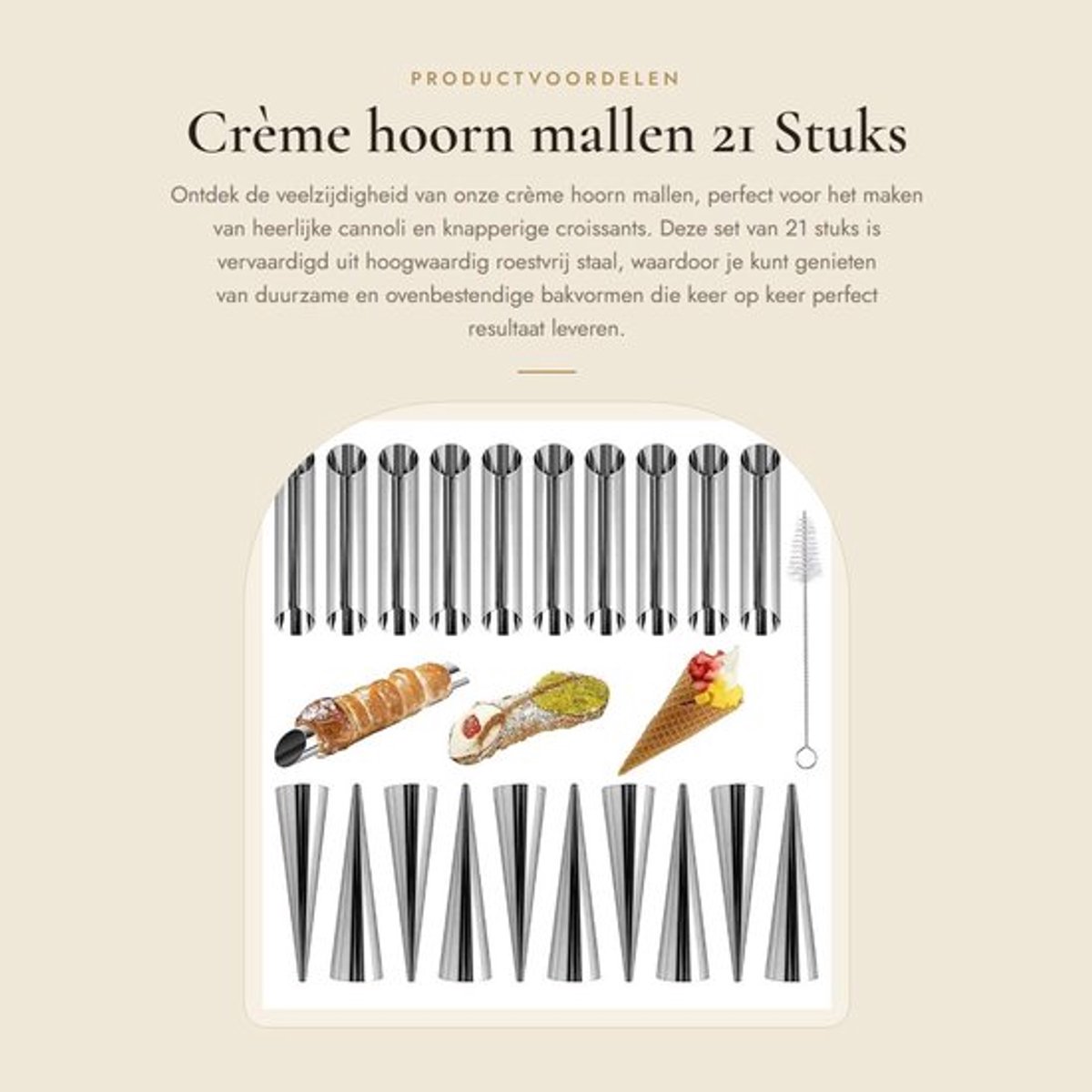 Cannoli Mallen 21 Stuks - Roestvrij Staal - Bakvormen - Crème Hoorn - Kegelvormige Mallen - Inclusief Reinigingsborstel - Bakvorm