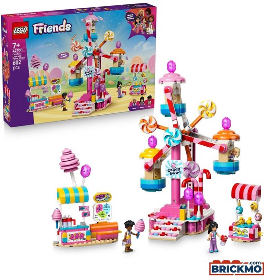 LEGO Friends Candy & Cupcake Reuzenrad, inclusief kermisattracties, kraampjes en minipoppen.