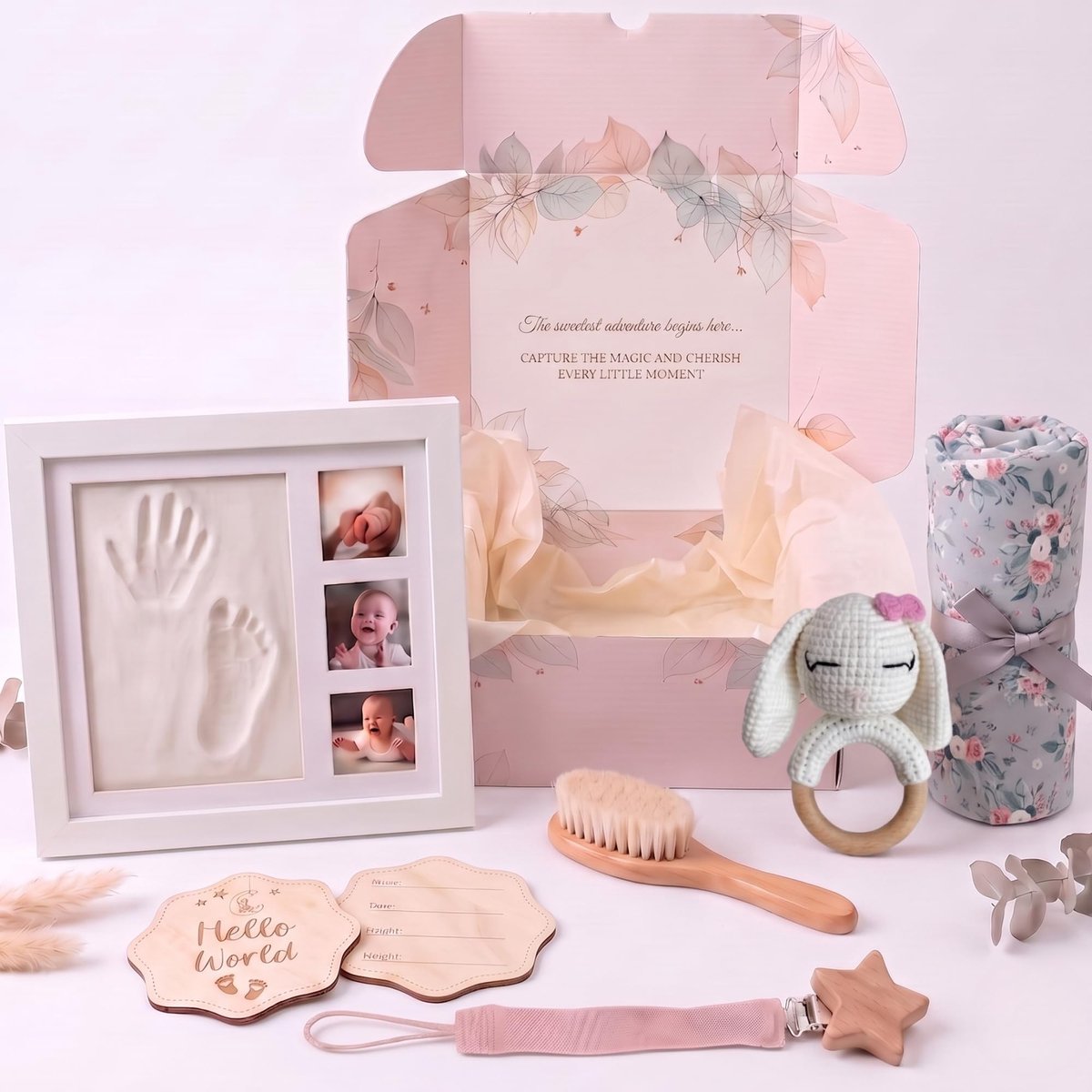 SnelShoppen - LUMS Babymand voor Pasgeborenen, 6-delige Cadeauset met Bamboedeken, Voetafdrukframe, Rammelaar, Kam, Fopspeenhouder en Kaart, Uniseks v