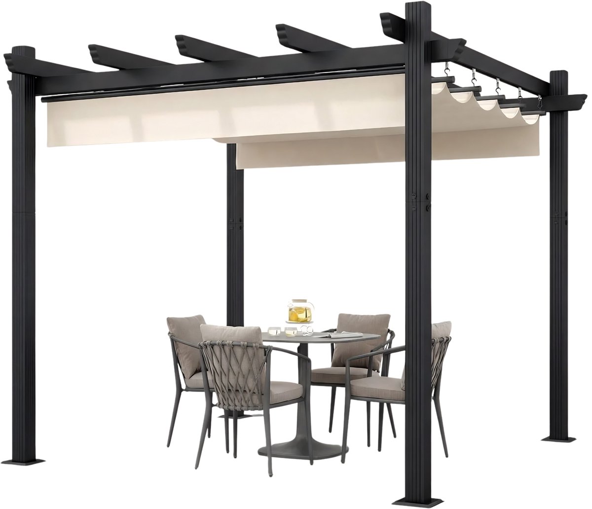 Uitschuifbaar Aluminium Tuinpaviljoen 3 × 4 m – Waterdicht Paviljoen met Zonbescherming voor Tuin en Buitenactiviteiten – Beige