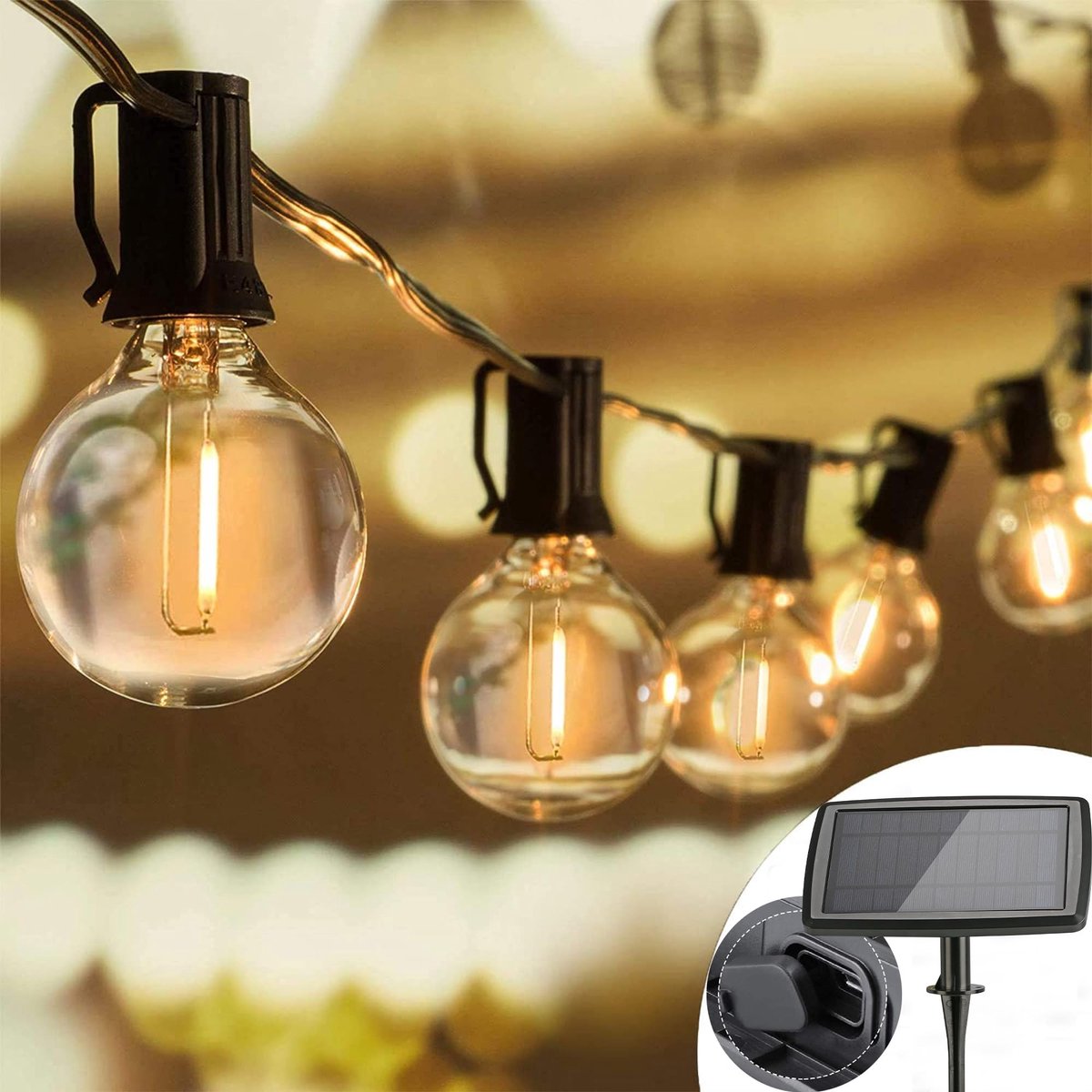 SnelShoppen - Lichtsnoer op zonne-energie 15,6 m met 25+2 G40 LED lampen, IP65 waterdicht, warm wit voor tuin, balkon, prieel en paviljoen feestverlic