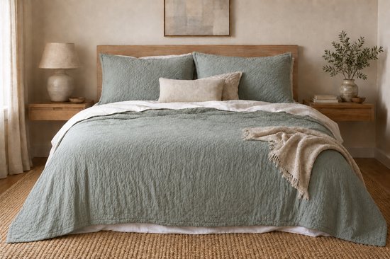 Lichtgroene sprei op een tweepersoonsbed met houten hoofdbord en gedekte kussens.