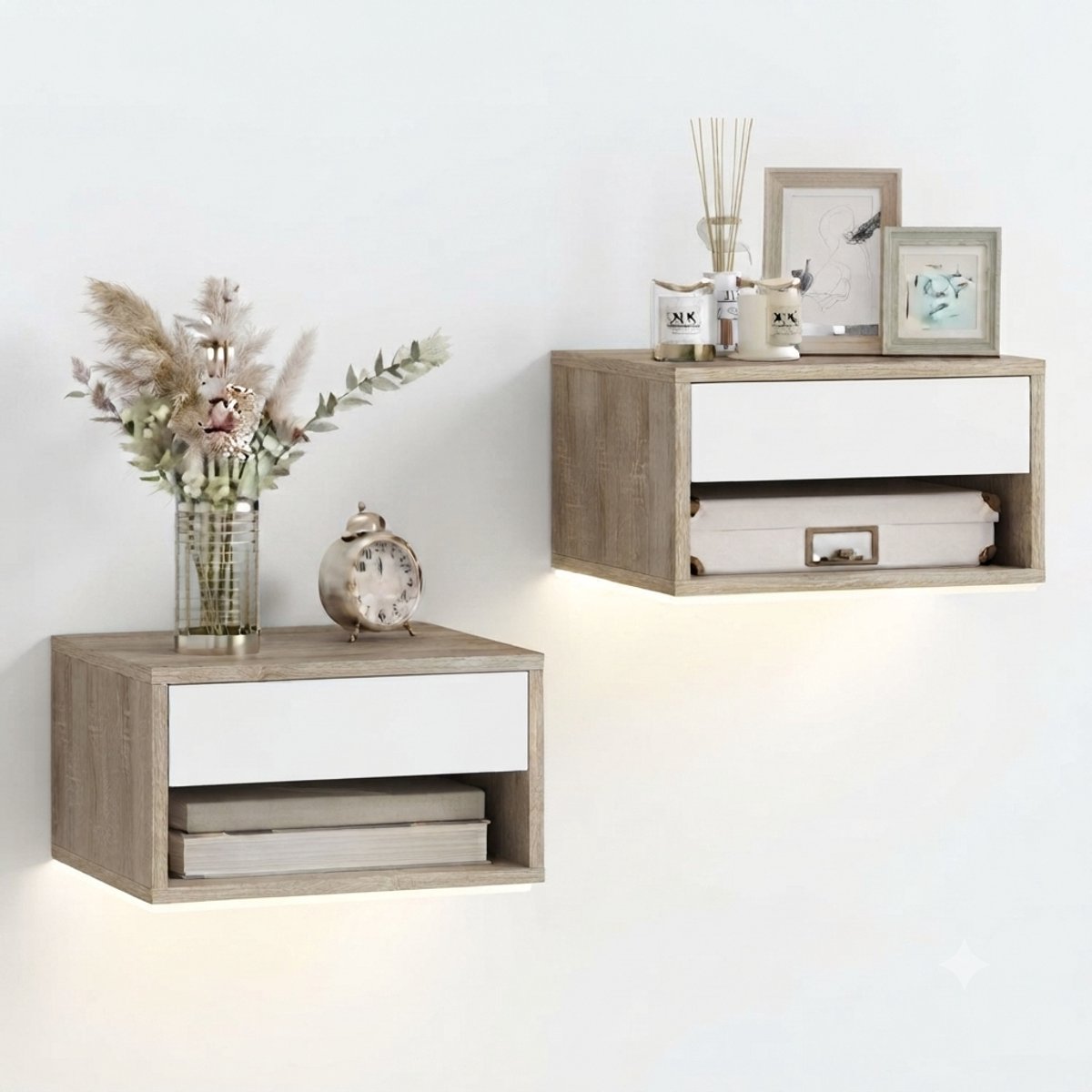 Stervia Nachtkastje Zwevend - Set van 2 - Nachtkastje Hangend - Met RGB LED Verlichting & Lade - App Bediening - Hout/Wit - 37 x 32 x 21 cm