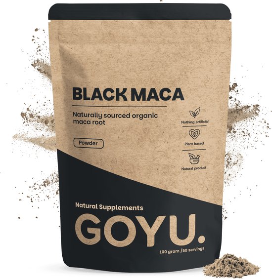 GOYU Black Maca. Naturally sourced organic maca root powder. 100 gram / 50 servings. Nothing artificial, plant based, natural product.