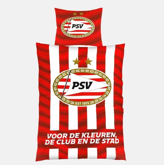 Rood-wit gestreepte dekbedset met PSV logo, twee sterren en tekst 'VOOR DE KLEUREN, DE CLUB EN DE STAD'.