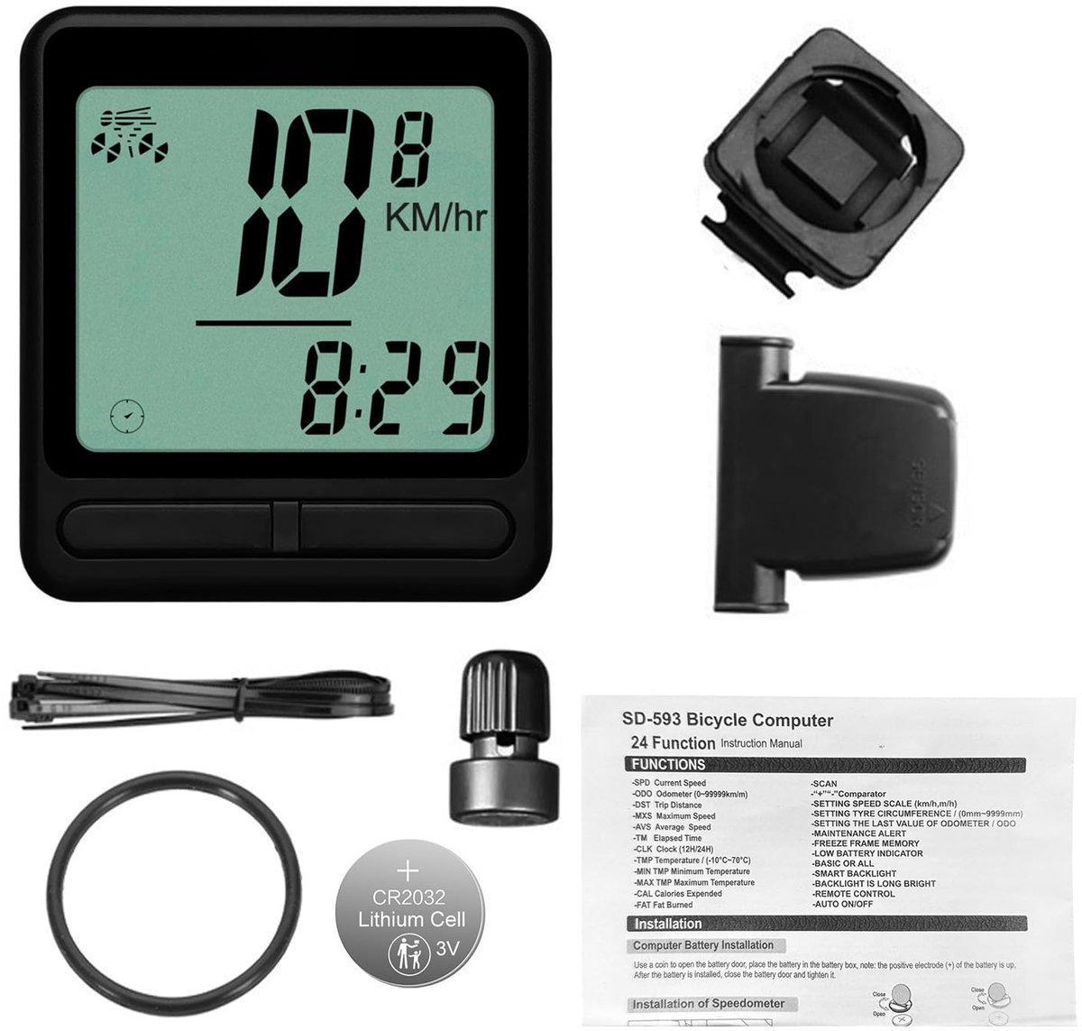 SnelShoppen - Draadloze Fietscomputer met 24 Functies, Waterdicht, Snelheidsmeter, Achterlicht voor Mountainbike en Racefiets, ABS-Materiaal, 4,5 x 4
