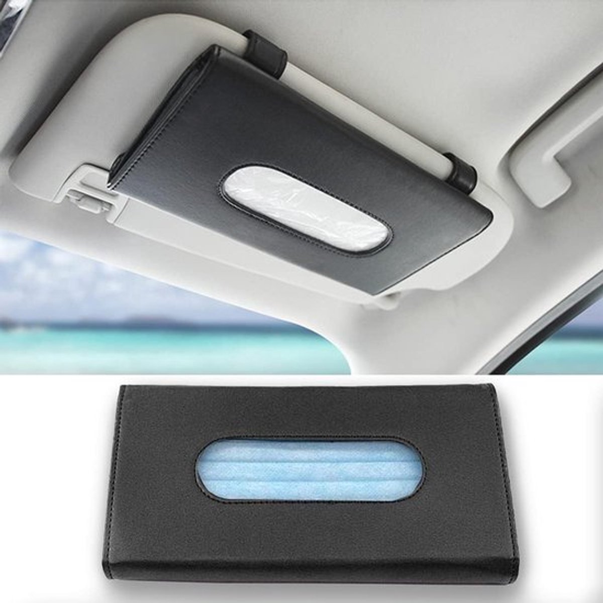 Autotissuebox, tissuehouder met clip, tissuebox voor in de zonneklep van PU-leer, zwarte autotissuebox