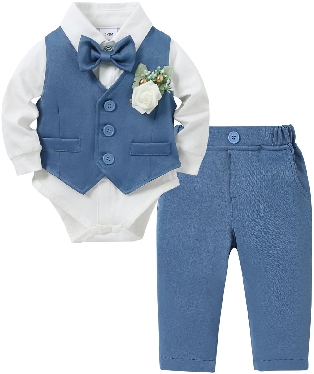 SnelShoppen - ZOEREA Rompertje met Strik, Vest, Korset en Broek voor Jongens van 0-18 Maanden, Blauw, Perfect voor Doop en Ceremonie, 3-6 Maanden
