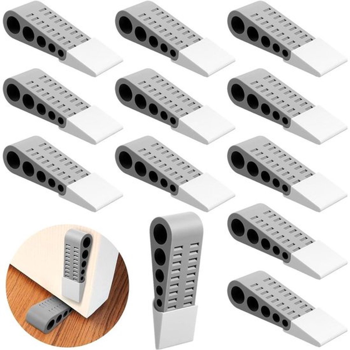 12 deurwiggen, geschikt voor diverse vloertypen, stapelbare, robuuste deurwiggen, rubberen wiggen, antislip rubber, beschadigen de vloer niet.