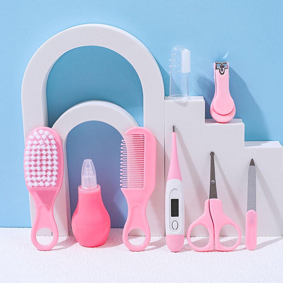 SnelShoppen - Babyverzorging 8-in-1 Verzorgingsset voor Pasgeborenen - Blauw, Geel, Roze Reisetui met Nagelknipper, Haarborstel, Kam, Thermometer en M