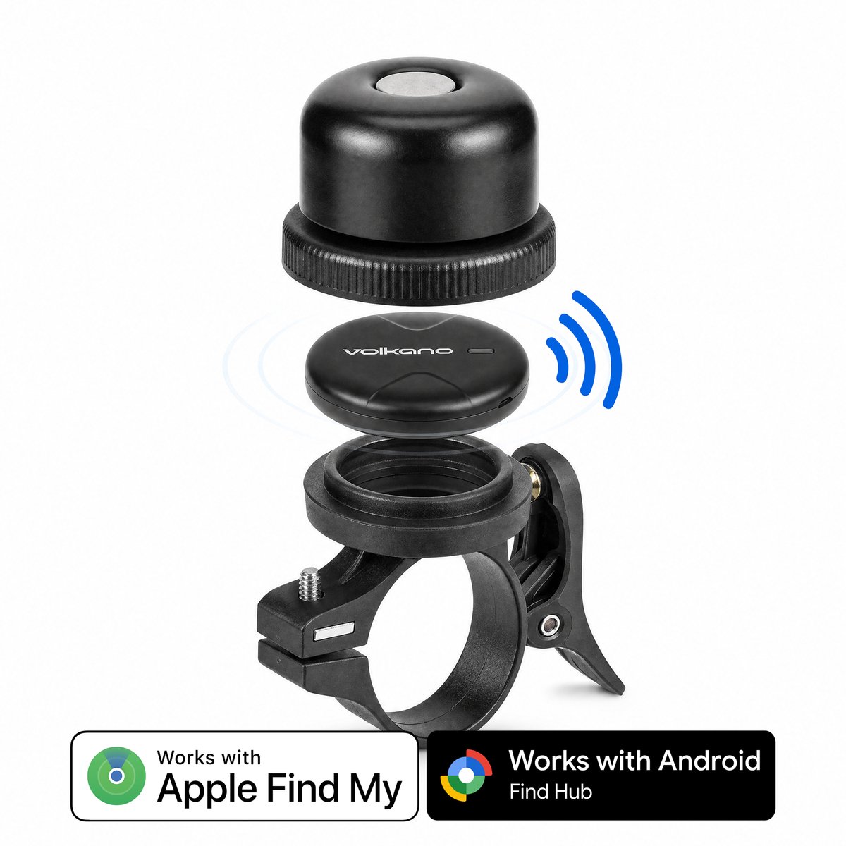 Volkano GPS Tracker met Fietsbel - Werkt met Apple Find My & Android Find my Device - Bluetooth Tracker - Zwart