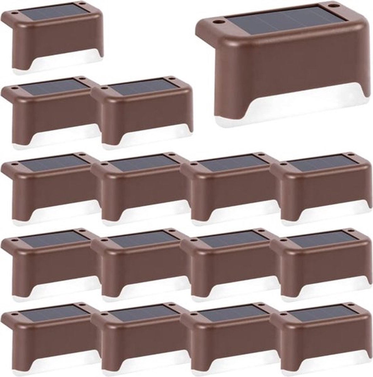 Een set van 16 waterdichte solarverlichtingselementen, geschikt voor schuttingen, trappen, terrassen en looppaden (bruin en wit licht).