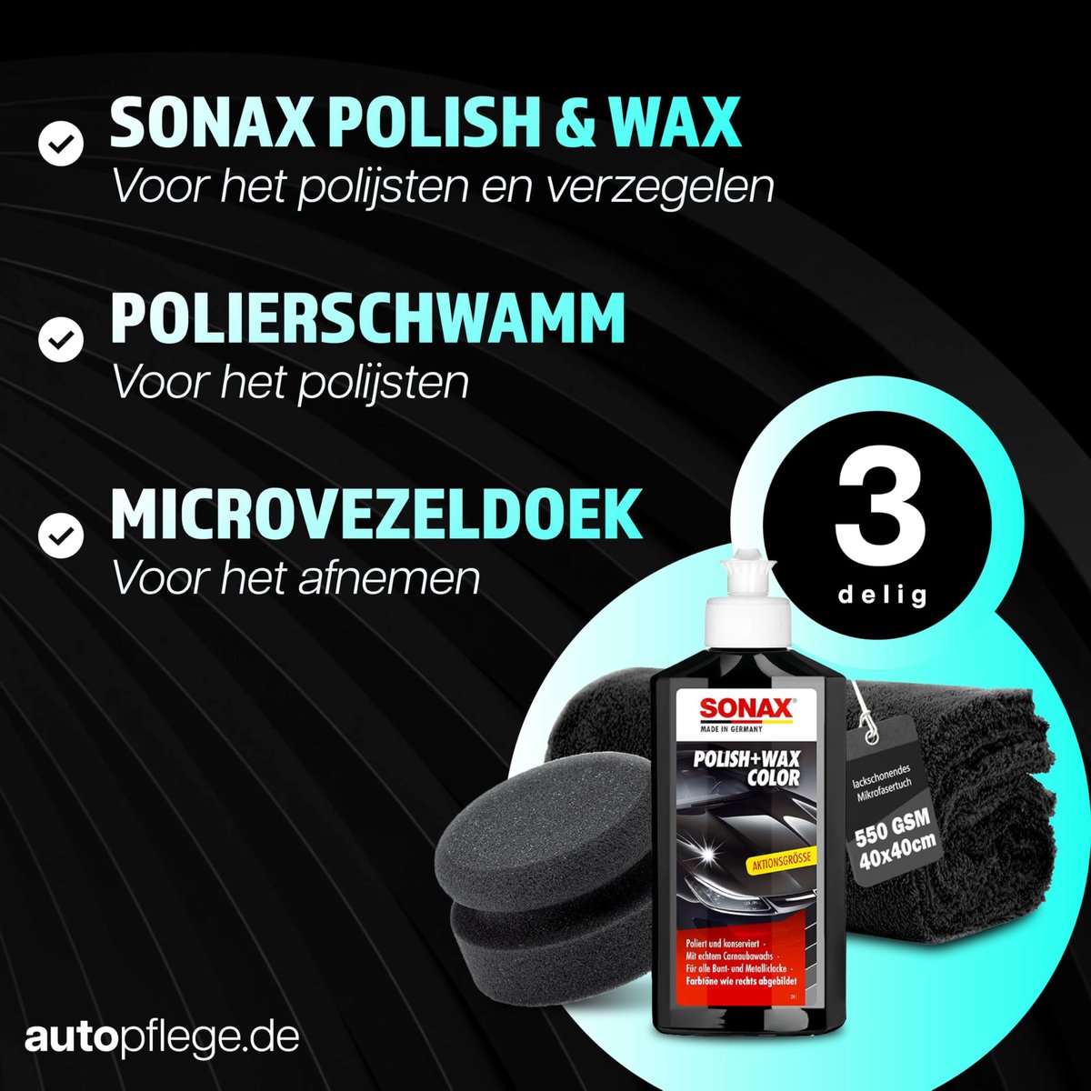 SnelShoppen - Polijstset voor Donkere Metallic Lak - Sonax Polish & Wax Color - 500 ml Autopolitoer + Polijstspons + Polijstdoek - Verwijder Krassen e
