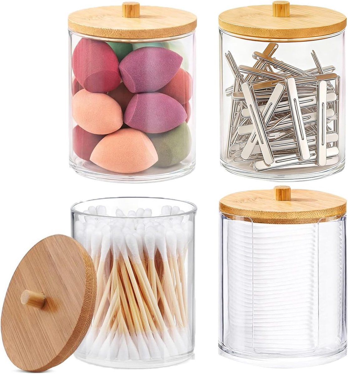 Katoenen staafjes in acryl dispenser met deksel voor het opbergen van wattenstaafjes en tanddraad, ideaal voor badkamer en slaapkamer, 4 stuks