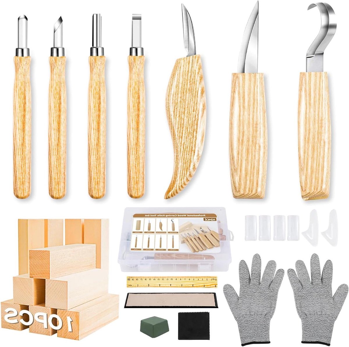 Houtsnijgereedschap Set - Snijset - Houtbewerking - 23 Delig Compleet - 10 Lindenhouten Blokken - Houtkleur