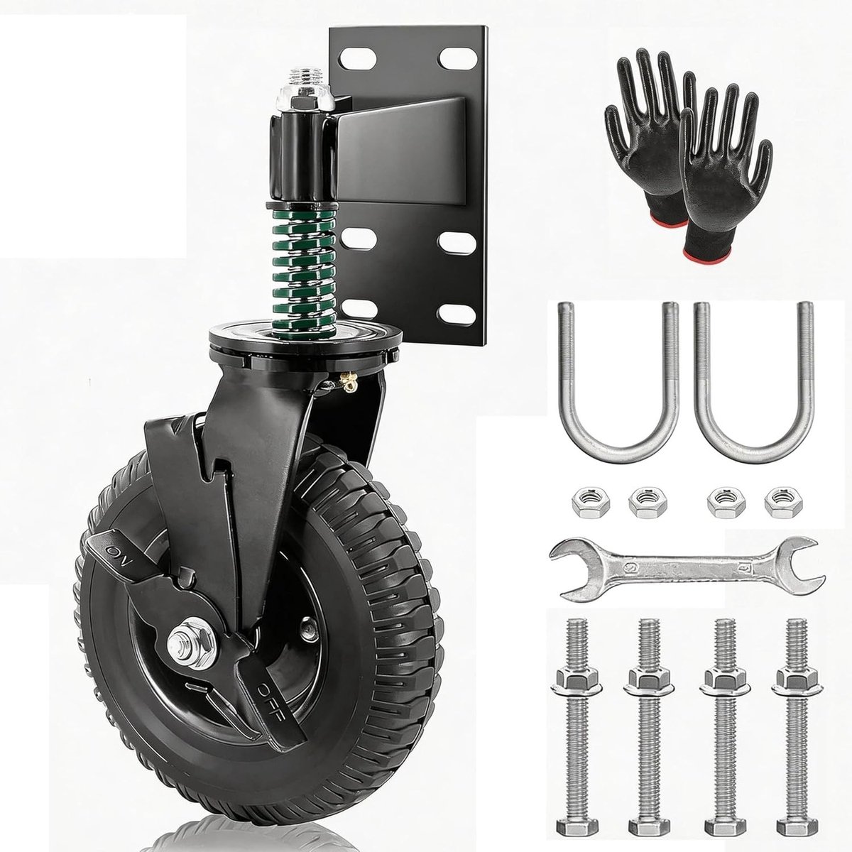 Steunwiel voor Deuren met 200mm Rubber Wielen, Geschikt voor Ophangpoorten tot 275kg, Inclusief Rem en Veerbelasting voor Tuinpoorten en Hekken