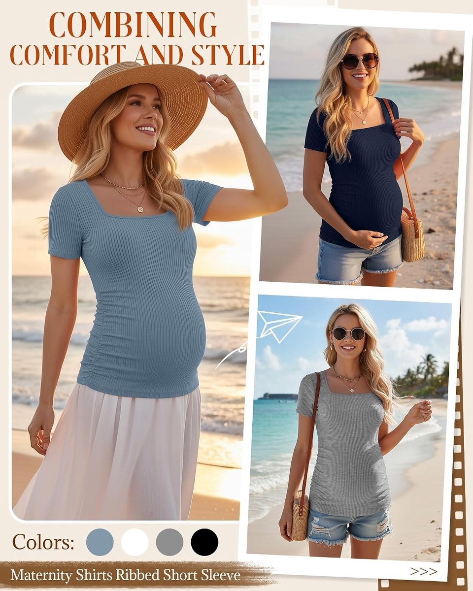 4-Pack Zwangerschapsshirts voor Dames met Korte Mouwen, Geribbeld Design en Plooien, Ideaal voor de Zomer en Comfortabel voor Elke Dag
