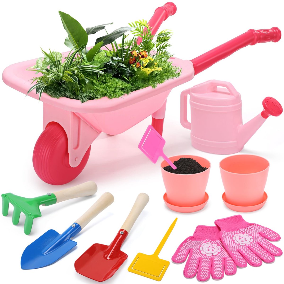 SnelShoppen - Tuingereedschapsset voor Kinderen - Roze Kruiwagen, Gieter, Handschoenen, Hark, Schep, Troffel - Tuinspeelgoed voor Peuters vanaf 3 Jaar