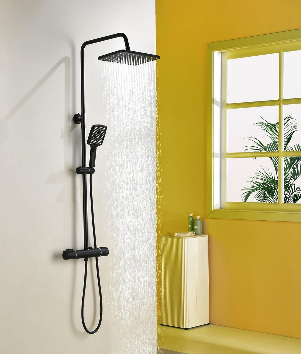 SnelShoppen - Douchesysteem met Thermostaat, Zwart Regendouche met 3 Straalsoorten, 88-125 cm Douchestang, Handdouche, Douchezuil met Kraan 30 x 20 cm