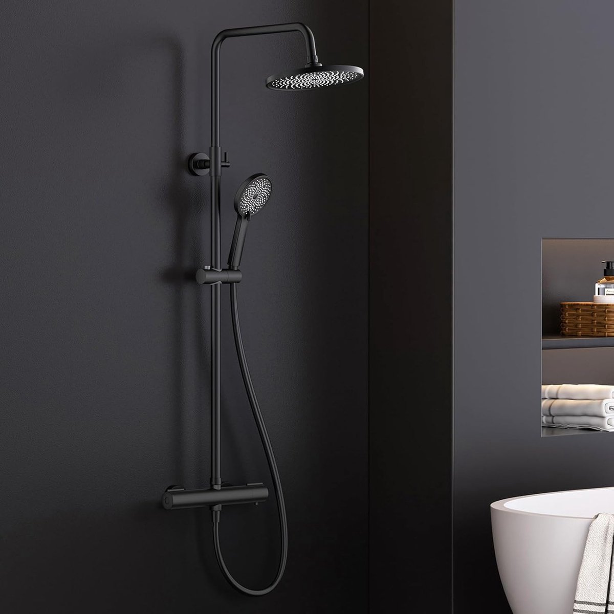 SnelShoppen - Doucheset met Thermostaat, Roestvrij Staal, Ronde Regendouchekop 25 cm, Verstelbare Douchestang 90-125 cm, 3 ABS Stralen Zwart, Luxe Bad