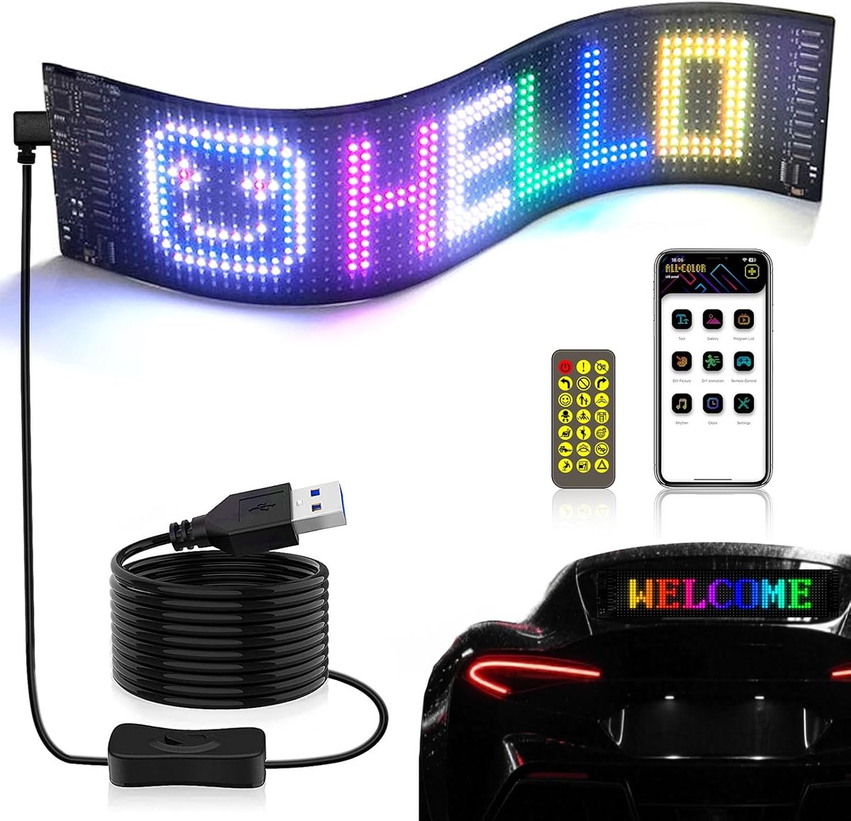 SnelShoppen - LED Displaybord 37.5x9cm Programmable Loopletters USB 5V Bluetooth RGB voor Auto Vrachtwagen Winkel Bar Feest Reclame Speelkamer