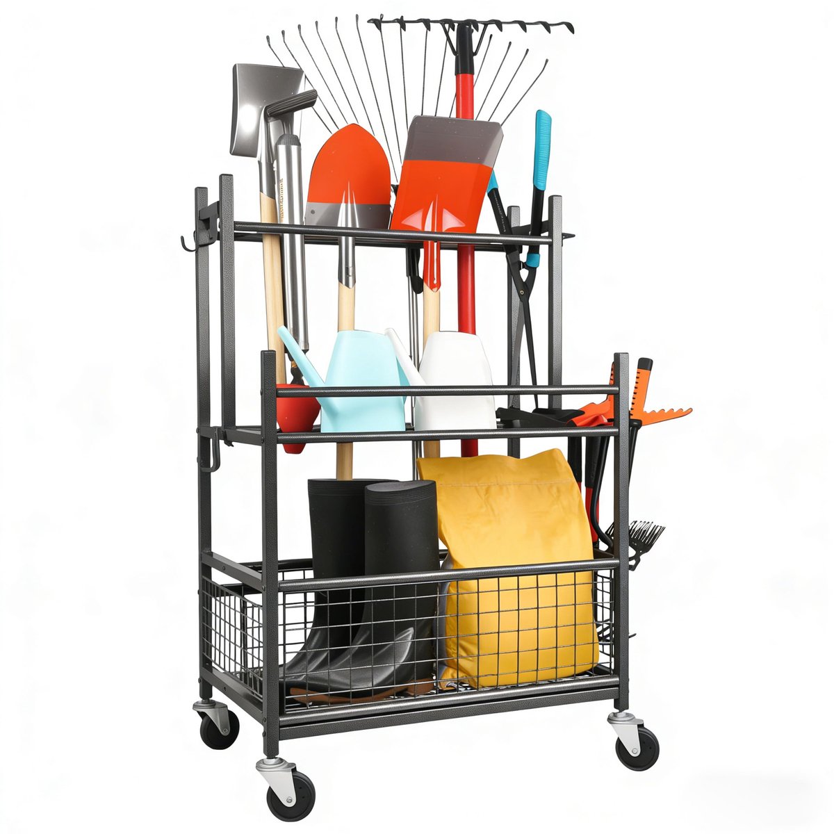 SnelShoppen - Tuingereedschapsorganizer met Remwielen, Zwaarbelaste Metalen Tuingereedschapstandaard, 16 Vakken & 19 Haken voor Langsteelgereedschap,