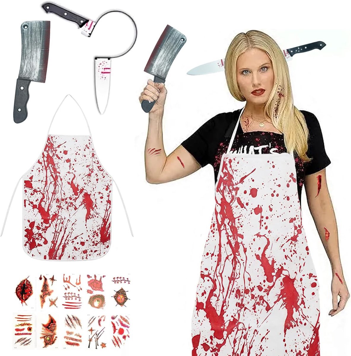 Griezelig Halloween Slagerskostuum voor Volwassenen met Schort en Haaraccessoire - Perfect voor Halloween Feesten en Verkleden