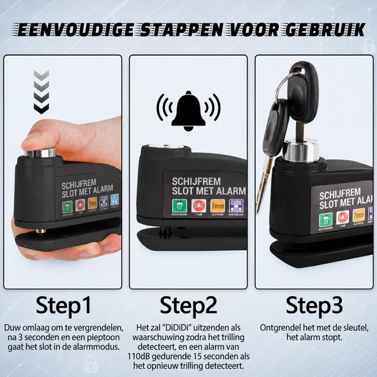 Schijfremslot met Alarm 110 dB - Remschijfslot met alarm - Motorslot en Scooterslot - Motor Alarm Sirene - 7 mm Pen - met Reminderkabel — afbeelding 4