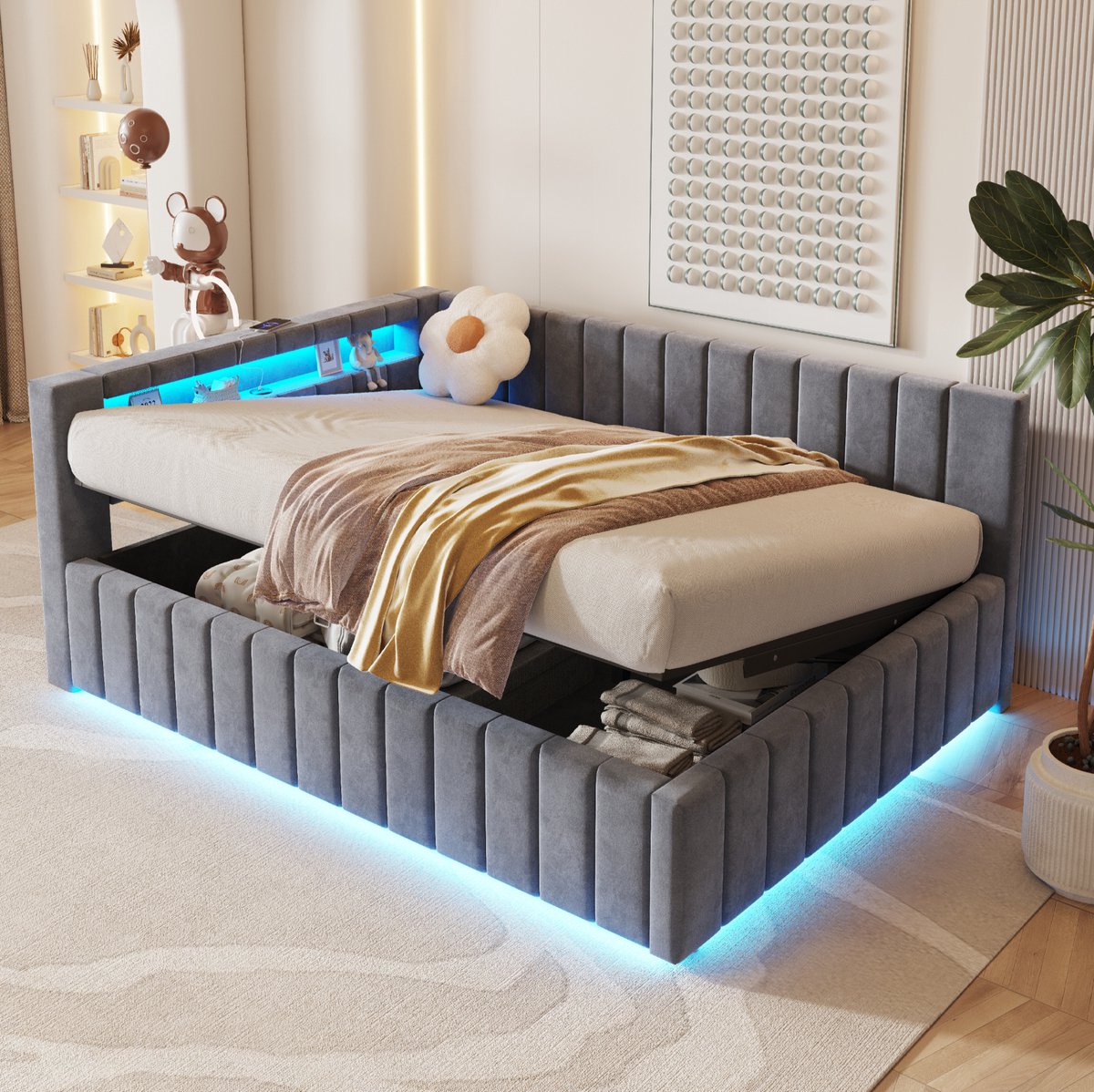 COVREO Bedframe 140x200 cm grijs stof met opbergruimte zonder matras
