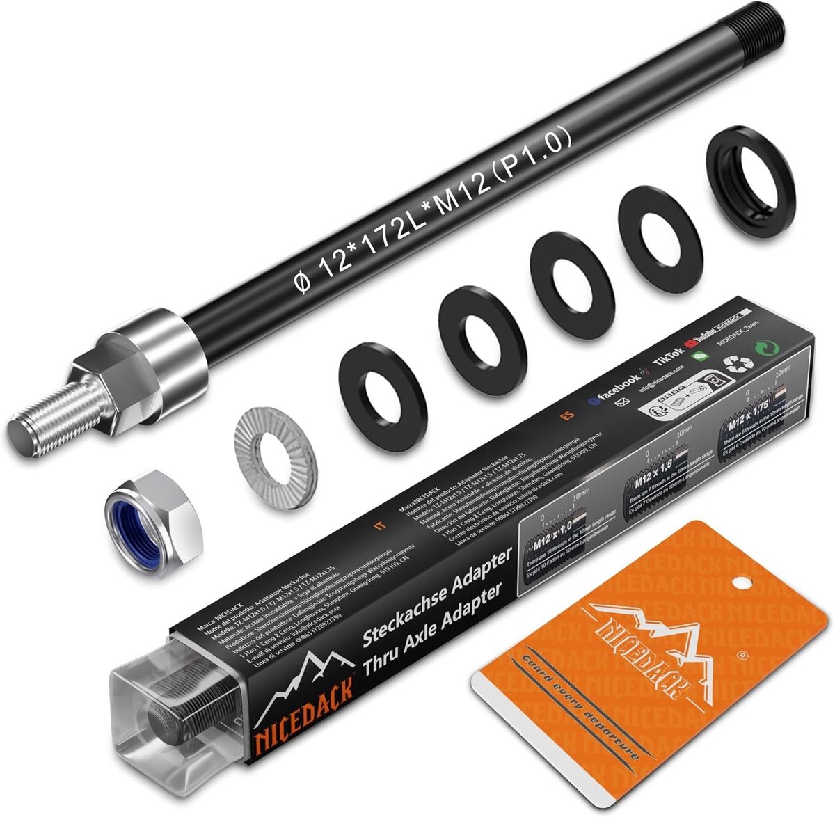 M12 Thru Axle 1.0 voor Fietstrailer Koppeling, Verstelbare Schachtlengte, Geschikt voor 142-148 mm Naven