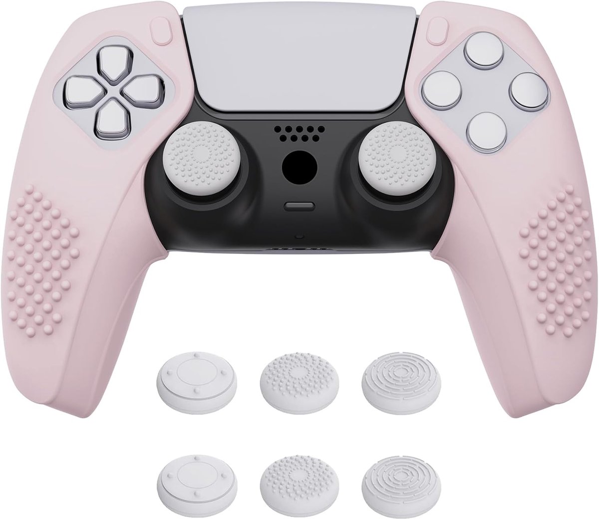 SnelShoppen - PlayVital Beschermhoes voor PS5, Ergonomische Soft Siliconen Case met Antislip Grip Caps - Kersenbloesem Roze 3D Studded Editie voor Laa
