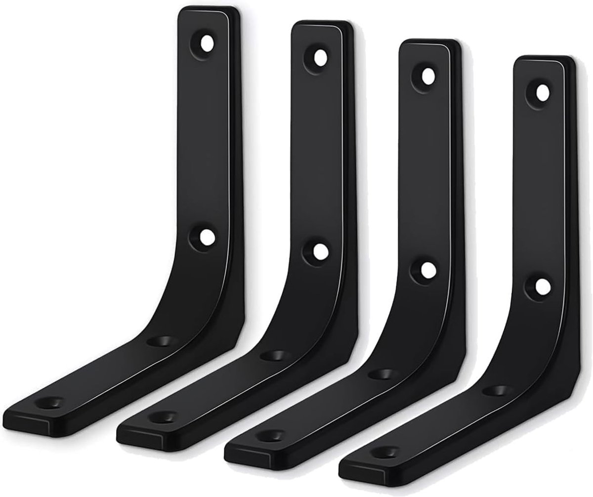 Set van 4 stevige L-vormige hoeksteunen voor planken, wandmontage en hoekoplossingen (Zwart, 7.5 cm)