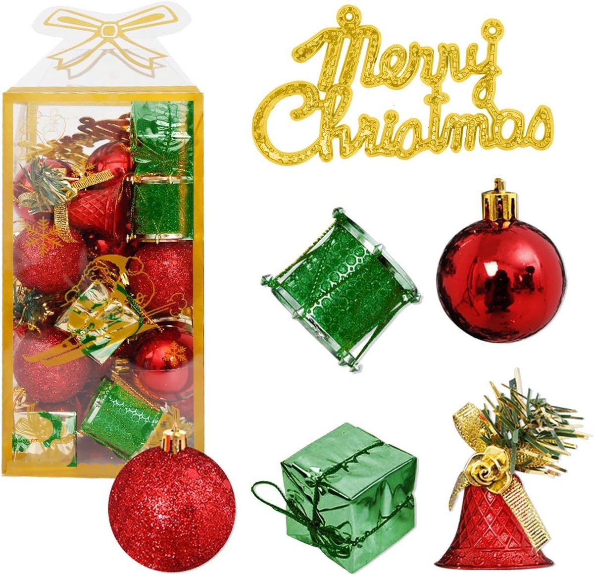 Kerstballen Set van 32 Stuks – 4 cm Plastic Ornamenten, Ballen, Cadeau Dozen, Trommels & Klokken voor Kerstboom, Kransen en Versieringen – Herbruikbare Kerstdecoratie in Rood en Groen