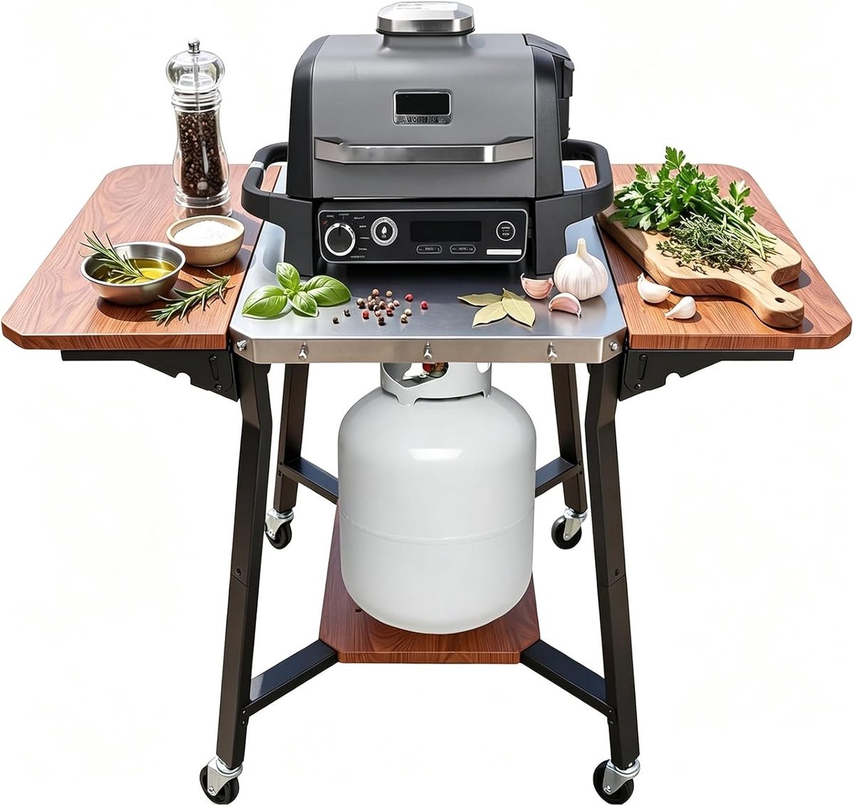 Grillwagen met roestvrijstalen werkblad, inklapbare zijplanken en gasflessenhouder voor buiten koken, BBQ en pizzaoven