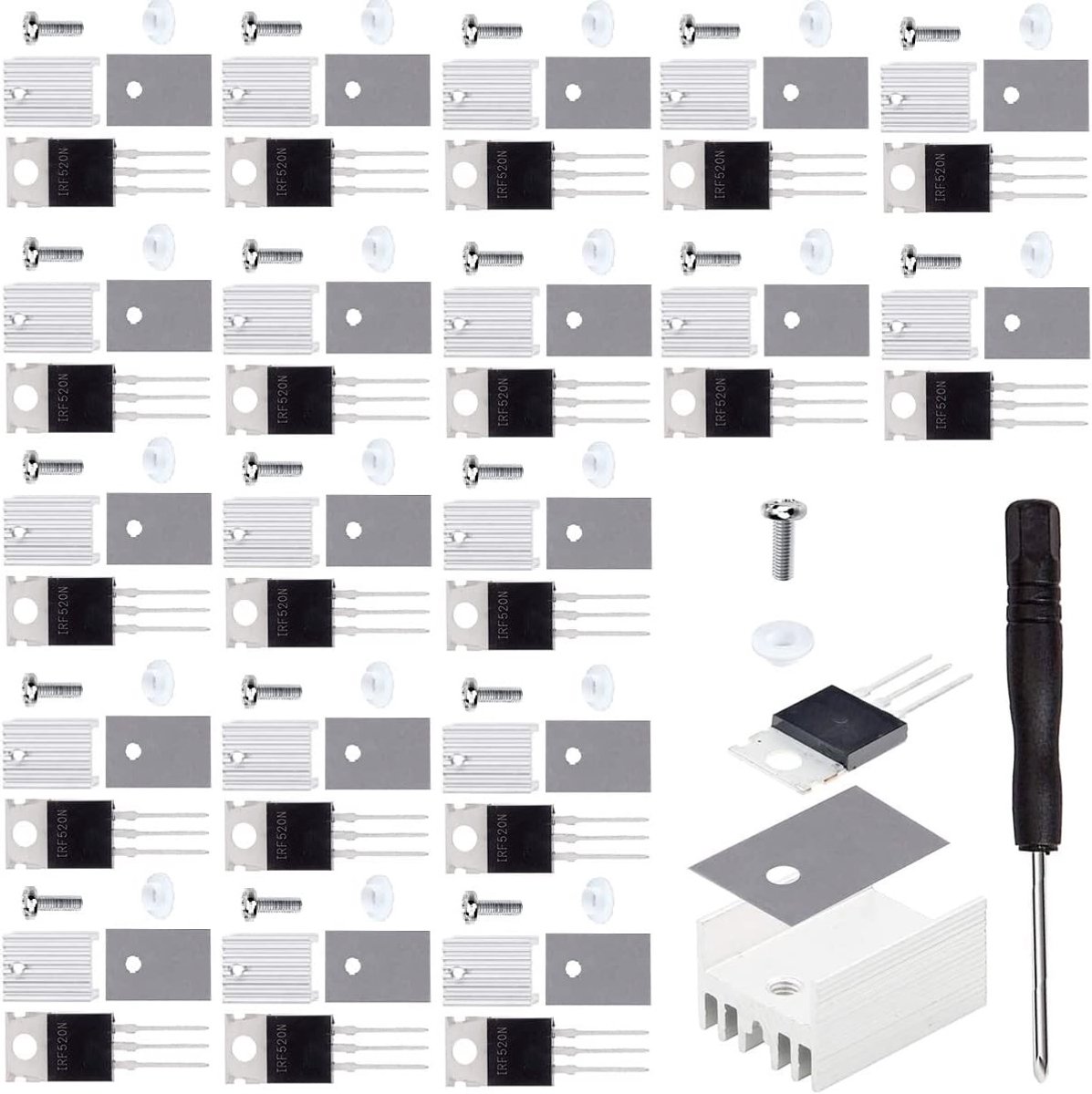 20 Stuks N-Channel Power MOSFET Transistor IRF520N TO-220AB 9.7A 100V met Heatsink en Schroevendraaier voor Elektronica Projecten