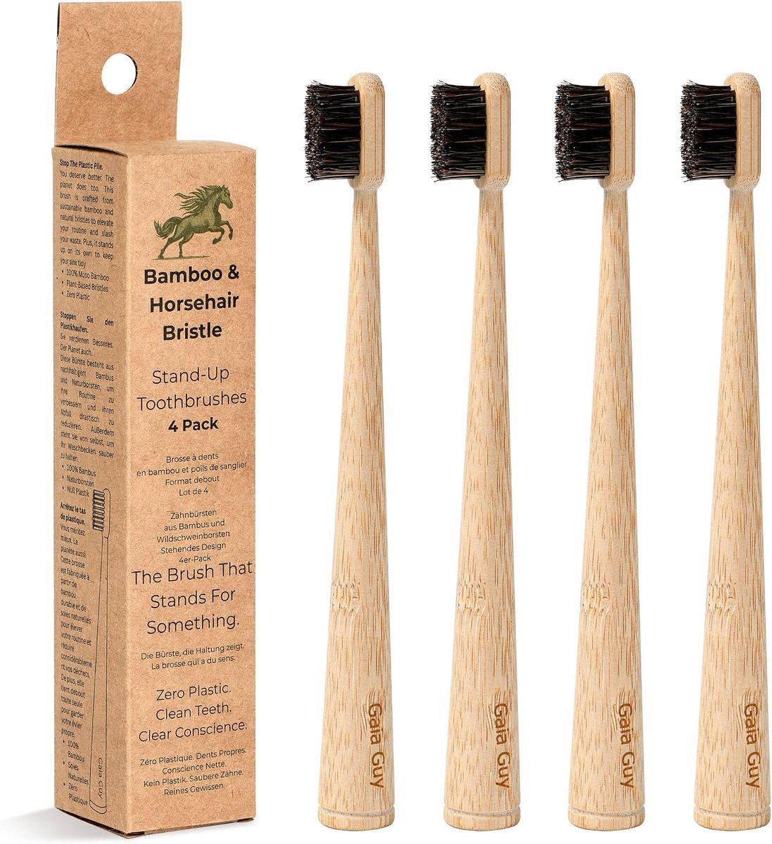SnelShoppen - Bamboo en Paardenhaar Tandenborstels - 4 Pack | Natuurlijke Paardenhaar Haren | Plastic Vrije Tandenborstel | Duurzame Zero Waste Mondve
