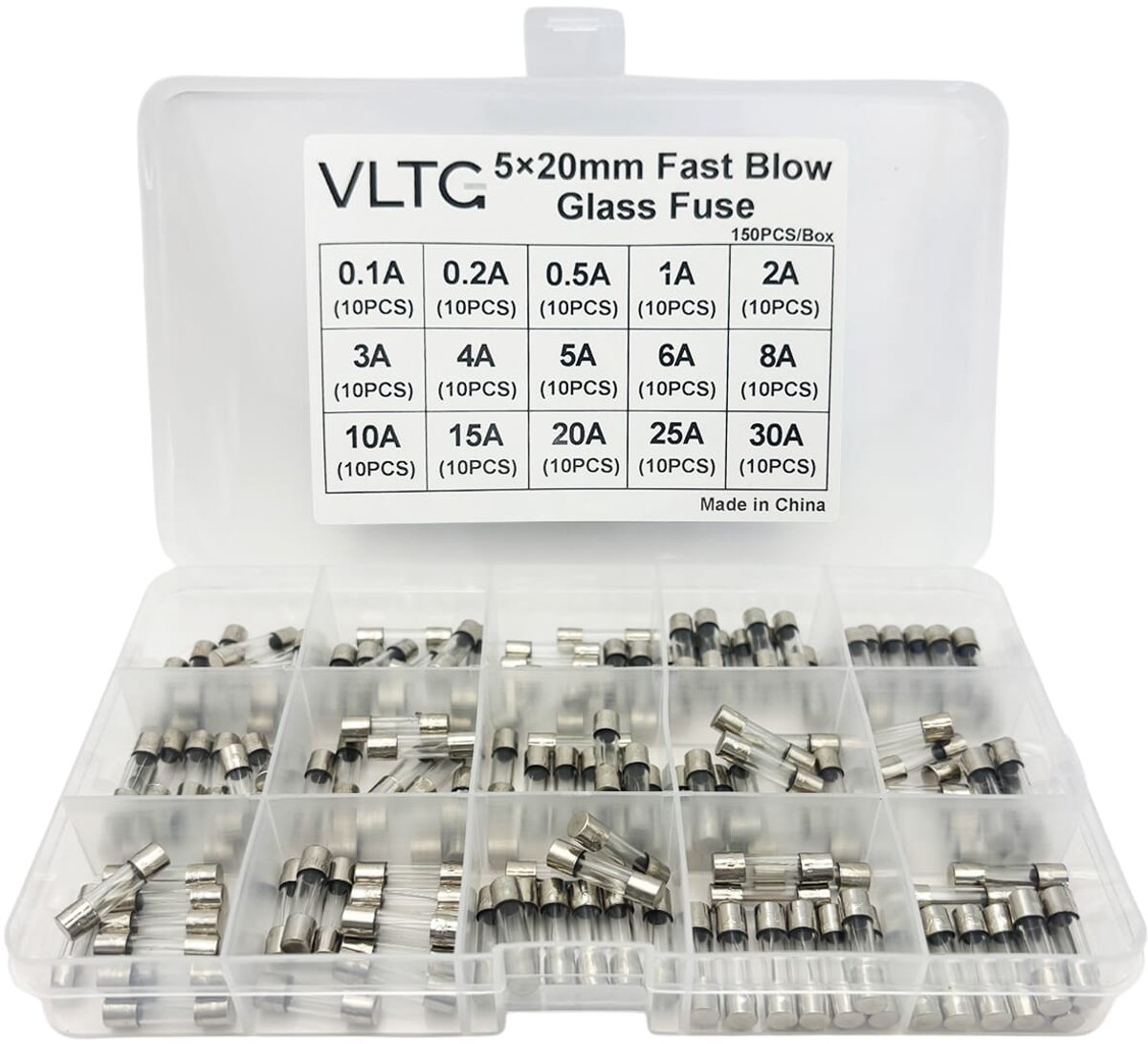 VLTG Glaszekering 5x20mm - Buiszekering - Snel (F) - 0.1A t/m 30A - Zekeringset 150 stuks
