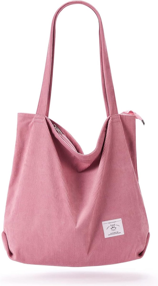 SnelShoppen - Dikkere Corduroy Draagtas Grote Capaciteit - Roze Handtas Schoudertas met Rits voor Dames en Meisjes - Boodschappentas voor Werk School