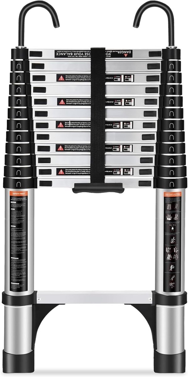 SnelShoppen - HBTower Telescopische Ladder Aluminium met Haken, Lichte Uittrekbare Ladder, Inklapbare Ladder voor Zolder, Caravan, 150 kg Draagvermoge