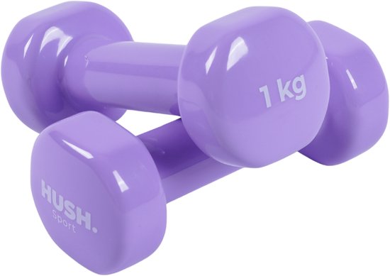 Twee paarse 1 kg HUSH Sport dumbbells met een vinyl coating, 6-hoekig design.
