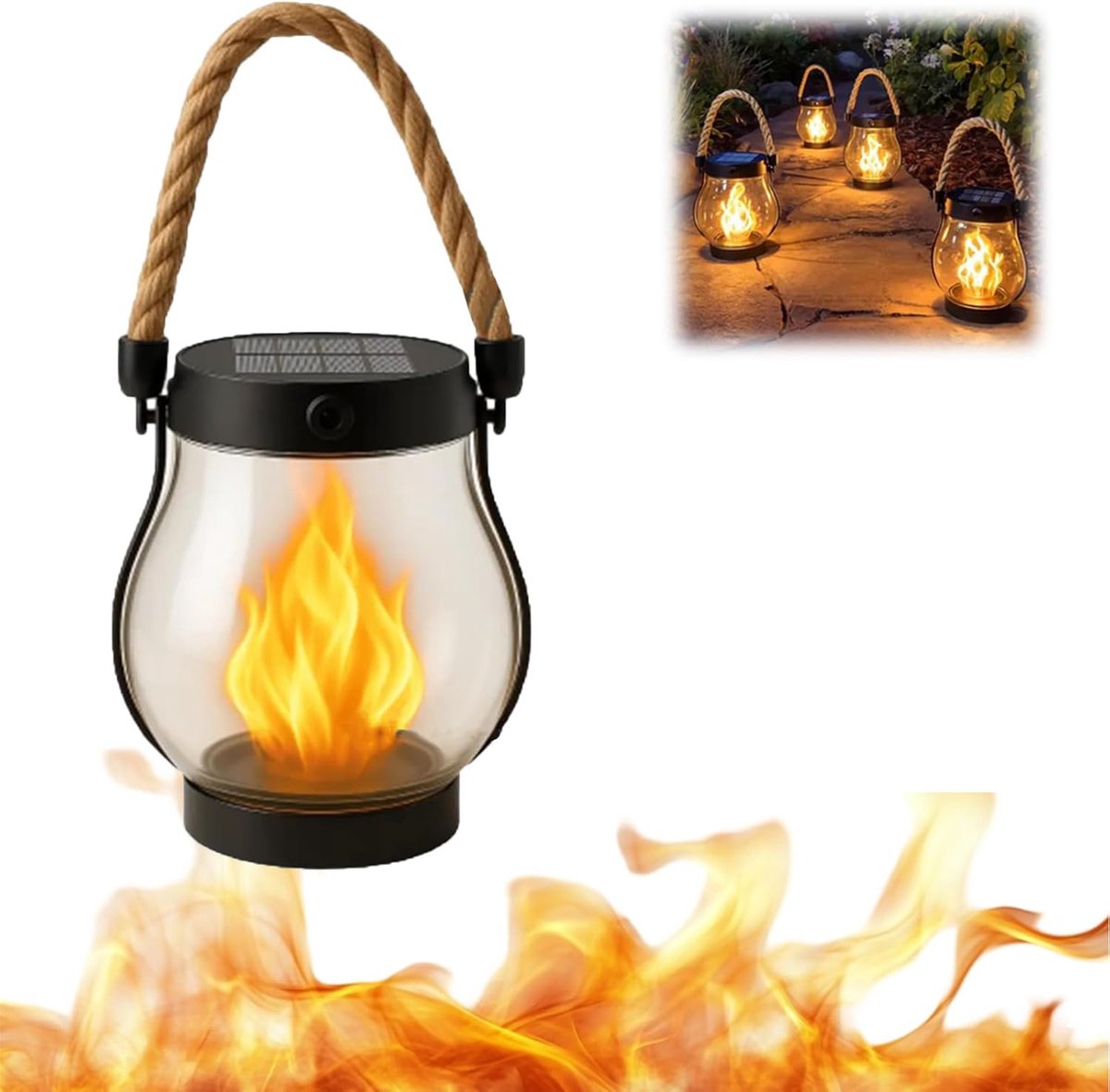 1 Lantaarn op zonne-energie - 12×25CM - Realistisch vlameffect - Waterdichte hanglamp voor buiten - Automatische aan/uit-functie - Geschikt voor decoratieve verlichting op terrassen, in tuinen, opritten of veranda's