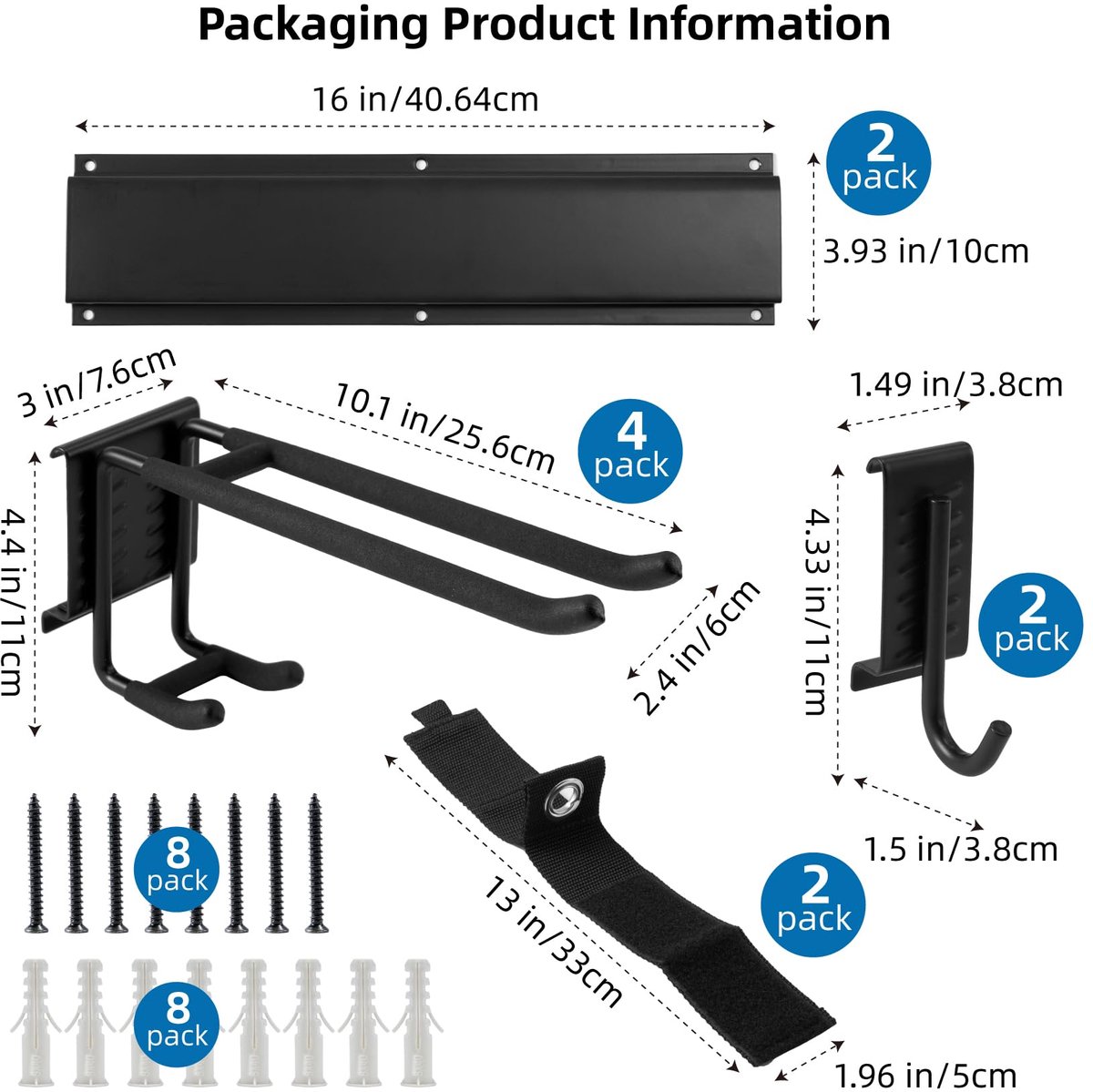 SnelShoppen - Garage Tuingereedschap Organizer Wandmontage met 6 Verstelbare Metalen Haken en 2 Riemen - Ideaal voor Ski-uitrusting, Stoelen, Bezem, H