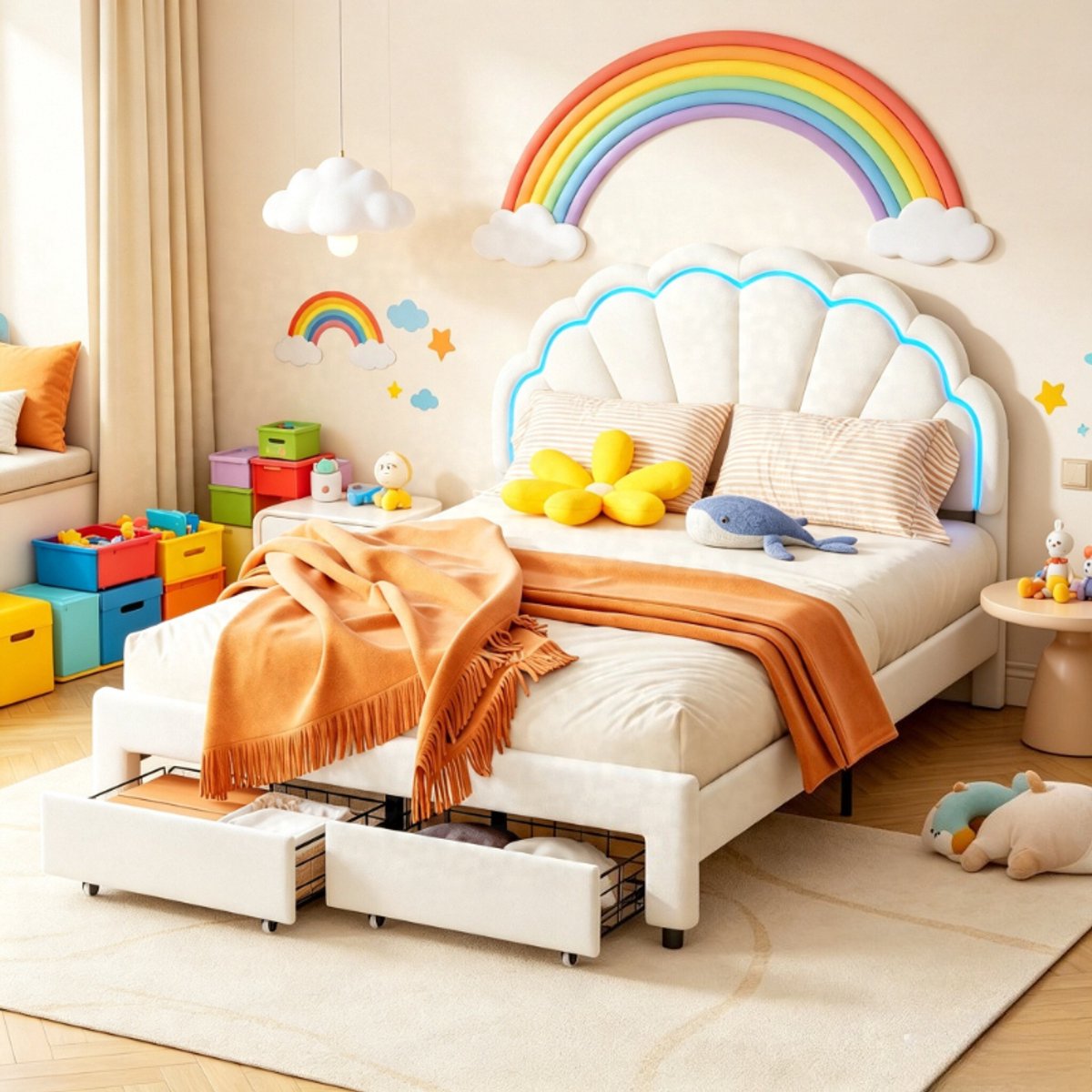 Tweepersoonsbed 140x200 cm, kinderbed met led verlichting en lade aan voeteneinde, gestoffeerd bed met verstelbaar hoofdbord, bloemen design fluwelen bed wit, zonder matras