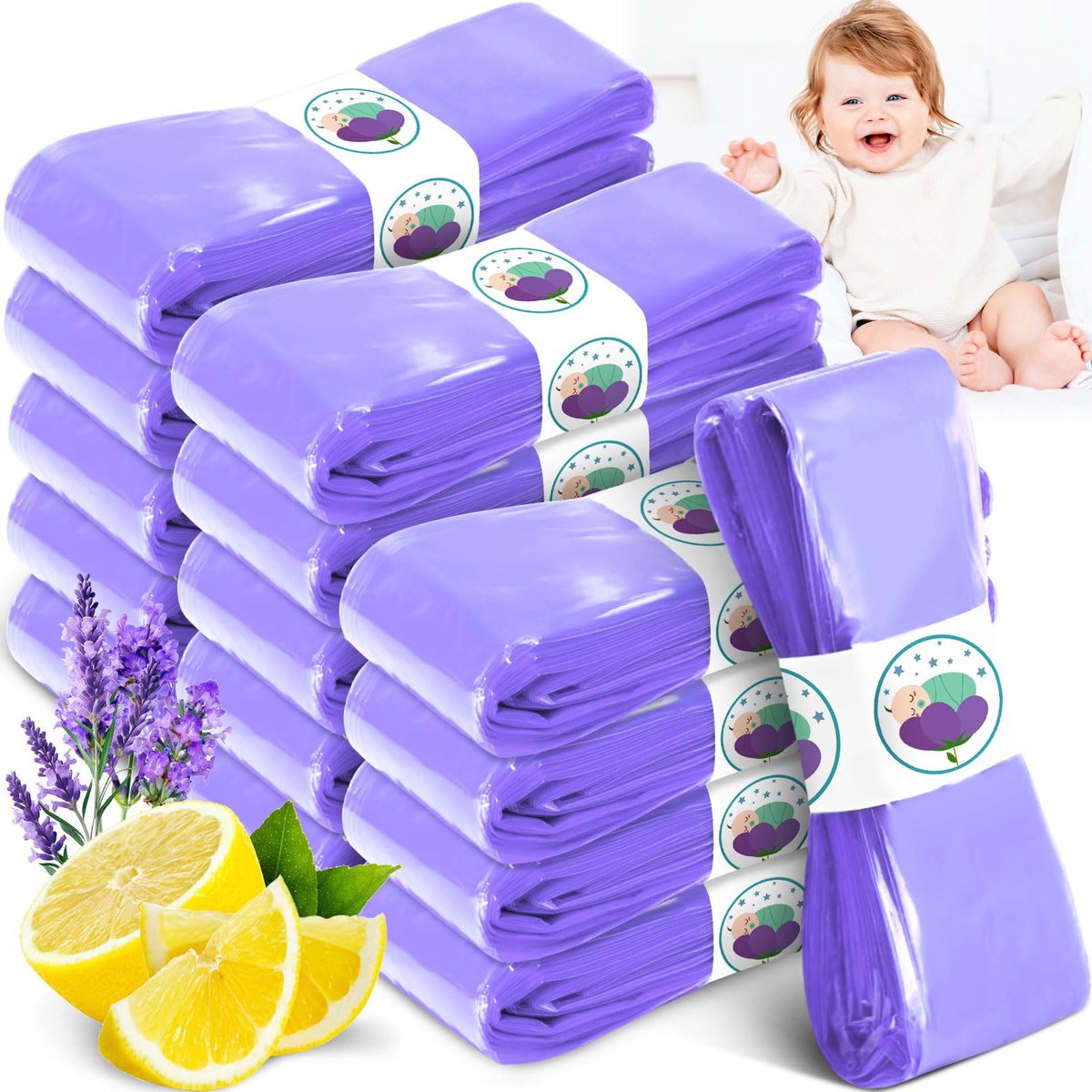 SnelShoppen - Navulzakken voor Luieremmer - 4,5 m Lengte - 15 Rollen - Paarse Biologisch Afbreekbare Zakjes - Ideaal voor Baby's en Peuters